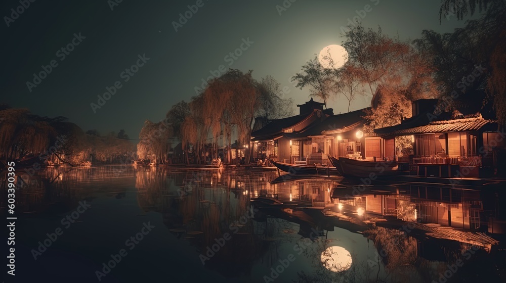  a full moon is seen over a river with boats in the water.  generative ai