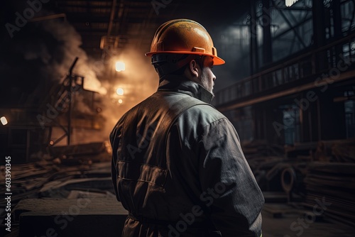 metal worker in protective workwear stand and look at the of steel mill, generative ai