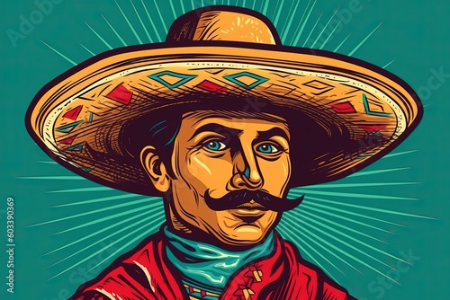 mexican man wearing a sombrero, style of pop art, generative ai