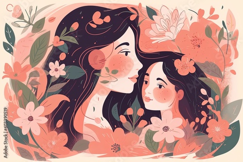 Mother s day - illustration of mom and daughter hugging each other  Generative ai