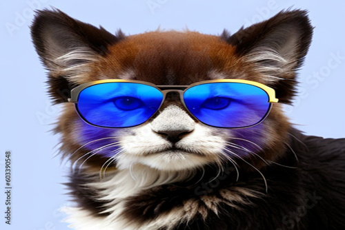 Focus black and white kitten in sunglasses created with Generative AI Technology