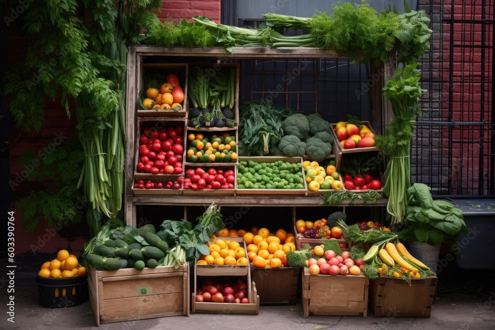Showcase the vibrant and fresh produce from an urban farm, highlighting the abundance of colorful fruits, vegetables, and herbs grown in a city setting - Generative AI