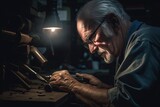 Senior elderly male turner mechanic working on machine tool for metal. Generative AI
