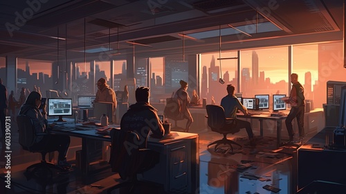 Programmers in the office work in a big city, work on an application. Illustration style. Generative AI © Tamara