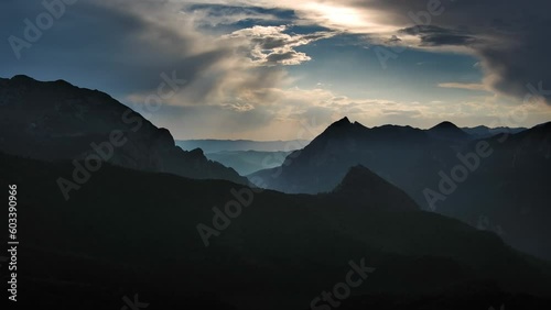 Aerial view of beautiful sunset in the smoky mountains. National park Sutjeska in Bosnia and Herzegovina, 4k photo