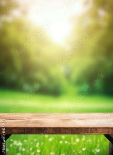 Copy space on empty wooden table with blurred natural background.  Generative AI 