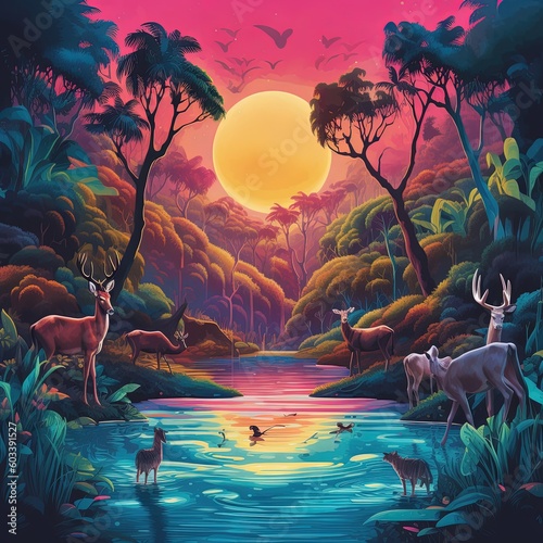 Magical Surreal Landscape: Vibrant Dali-inspired Artwork with Giant Moon, River, and Wildlife in Tropical Rainforest Palette © Mohsin