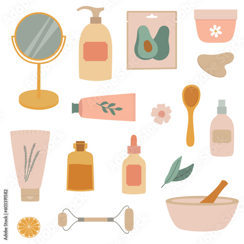 Set of natural organic cosmetic products and tools. Tubes, bottles, mirror, face roller, sheet mask