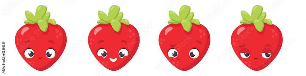 Obraz premium Strawberry cute berry vector illustrations of different emotions