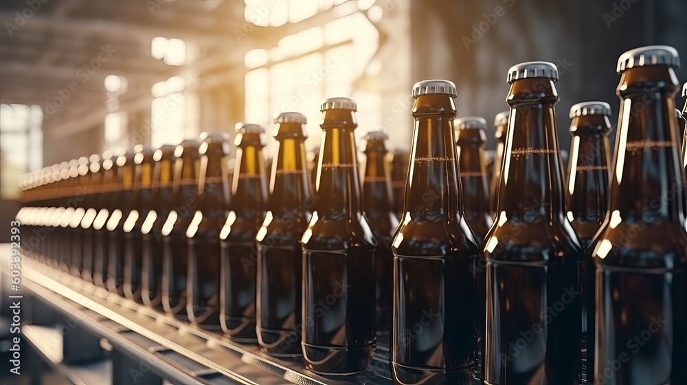 Brown glass ale drink alcohol bottles, brewery transport, progressed era line. AI Generated Brown glass ale drink alcohol bottles, brewery transport, progressed era line. AI Generated