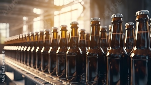 Brown glass ale drink alcohol bottles, brewery transport, progressed era line. AI Generated