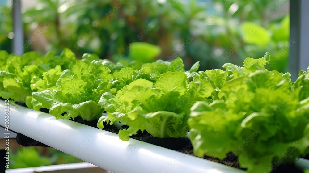 Cutting edge vegetable hydroponic system..Organic vegetables serving of blended greens making plant hydroponic make Irregularly amassed lettuce common for triumph food Earths day concept. AI Generated