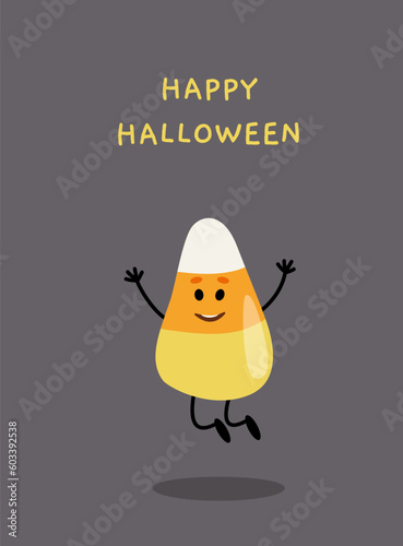 Happy Halloween Candy Corn card. Candy jumping. Flat, cartoon, vector