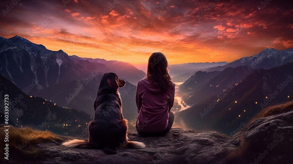 woman and canine watching disorienting scene of celebrated lights at sunset in tall mountains. AI Generated