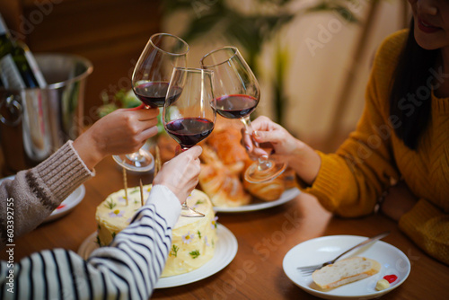 Sticker Cheerful friends enjoying home Birthday holiday party
