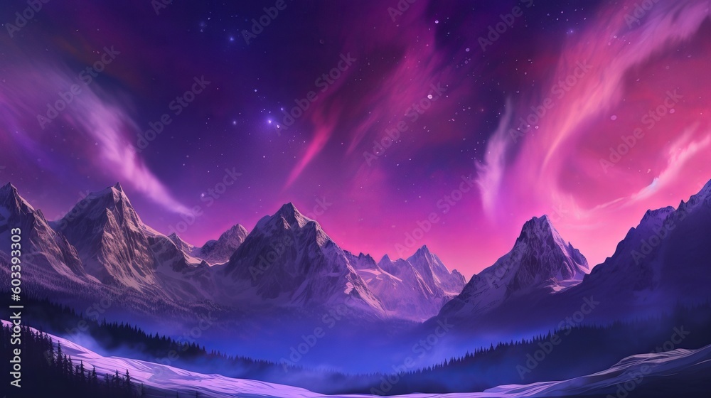 Ghastly Mountains with Aurora Borealis. Fuchsia Sky Establishment with copyspace. AI Generated