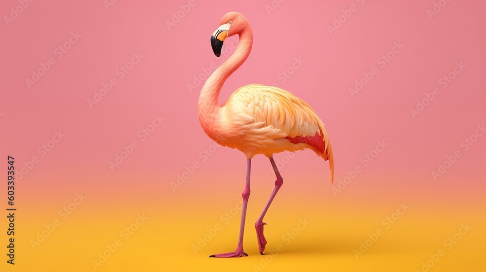 Fototapeta premium Pink flamingo in yellow establishment. AI Generated