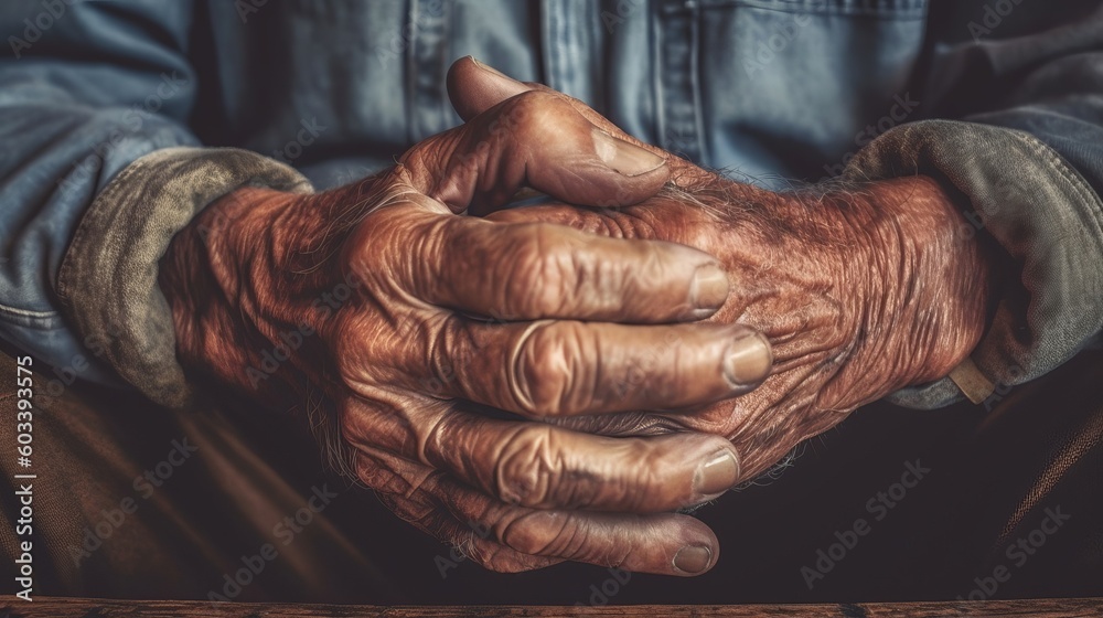 Near of male wrinkled hands, ancient man is wearing vintage tone. AI Generated
