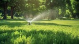 Sprinkler in End Showering Water on Well off Green Grass. AI Generated