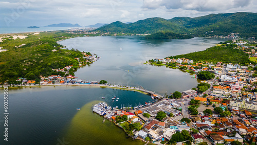 Lagoa de Conceicao Town in Santa Catarina Brazil, Mountain Landscape and Neighborhood Houses, Florianopolis, Travel Destination, Aerial Panoramic View