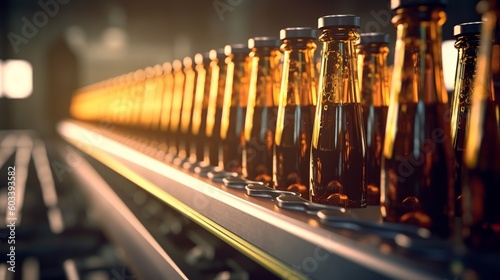 Brown glass brew drink liquor bottles, brewery transport, advanced period line. AI Generated photo