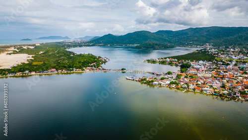Aerial Drone View, Town of Lagoa da Conceicao, Island of Santa Catarina in Brazil in Summer, photo