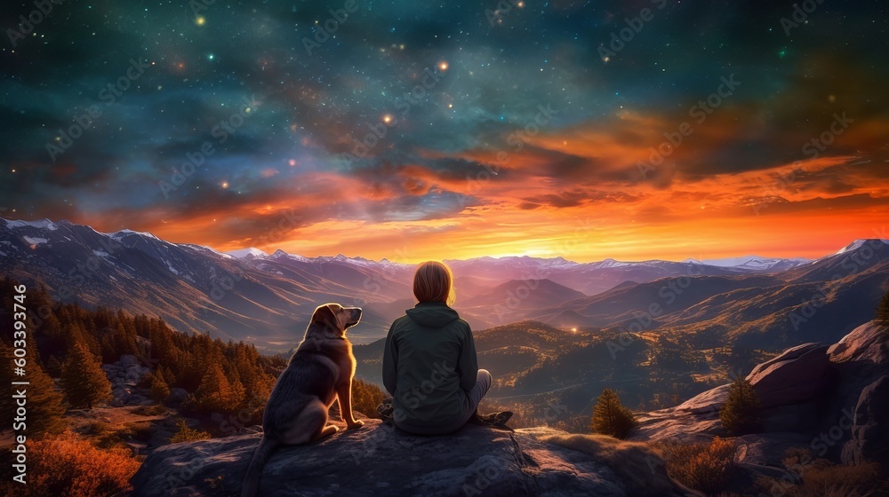 Obraz premium lady and canine observing disorienting scene of celebrated lights at nightfall in tall mountains. AI Generated