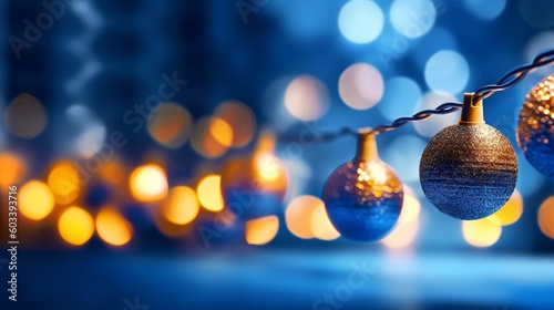 occasion brightening and beautification concept christmas wreath bokeh lights over pitiful blue foundation. AI Generated