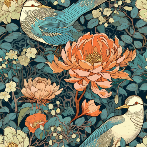 Floral Seamless Pattern with Birds 