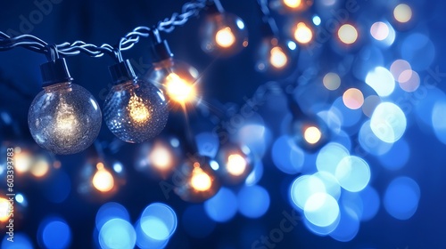 event brightening and beautification concept christmas wreath bokeh lights over sad blue establishment. AI Generated photo