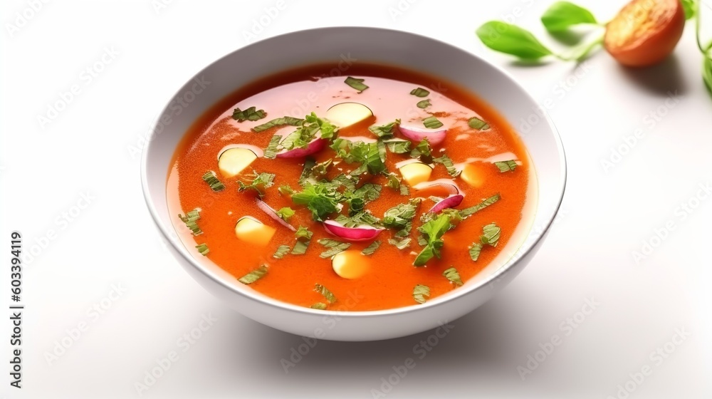Summer Spanish soup gazpacho with rocket serving of mixed greens kept on white foundation. Veggie preeminent other cold tomato soup in white plate. Meatless nourishment in menu. AI Generated Summer Spanish soup gazpacho with rocket serving of mixed greens kept on white foundation. Veggie preeminent other cold tomato soup in white plate. Meatless nourishment in menu. AI Generated