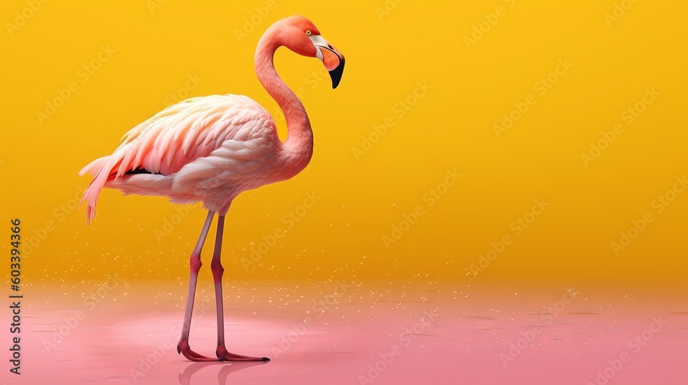 Fototapeta premium Pink flamingo in yellow establishment. AI Generated