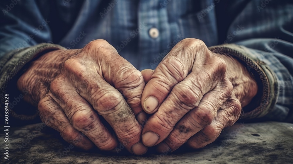 Fototapeta premium Close of male wrinkled hands, antiquated man is wearing vintage tone. AI Generated