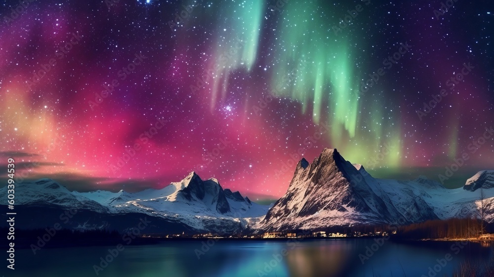 Naklejka premium Stunning Mountains with Aurora Borealis. Fuchsia Sky Foundation with copyspace. AI Generated