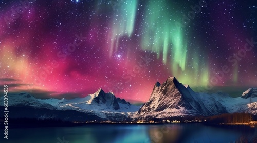 Stunning Mountains with Aurora Borealis. Fuchsia Sky Foundation with copyspace. AI Generated