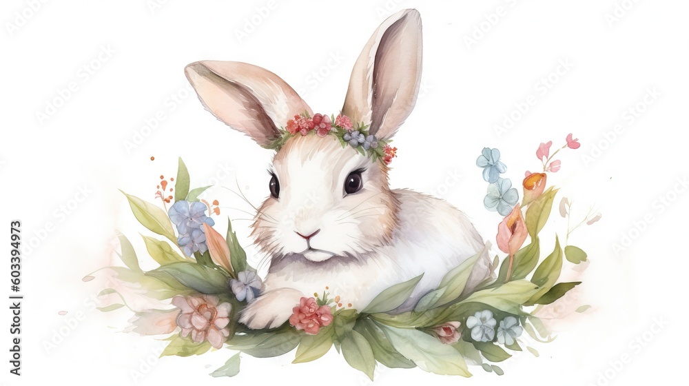  a watercolor painting of a rabbit with flowers in its hair.  generative ai