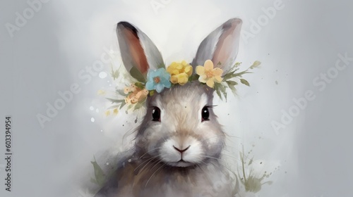  a painting of a rabbit with a flower crown on its head. generative ai