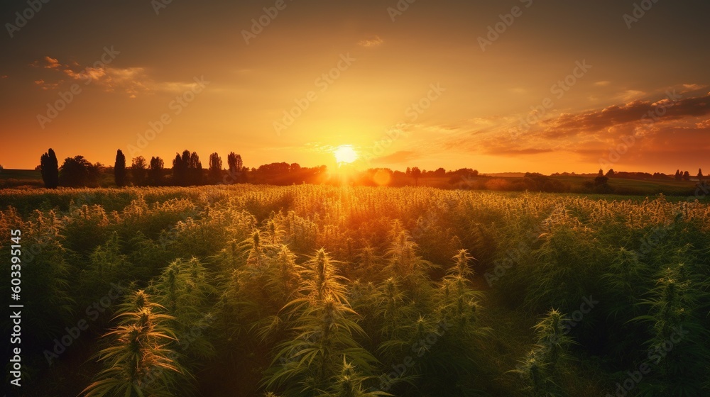  the sun is setting over a field of tall grass with trees in the background.  generative ai