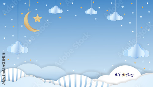 Baby boy shower card blue background,Paper cut abstract origami cloudscape, crescent moon and stars on blue sky,Vector illustration Cute paper art with copy space for baby's photos