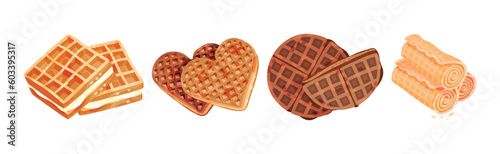 Waffle as Sweet Dish from Leavened Batter or Dough Vector Set