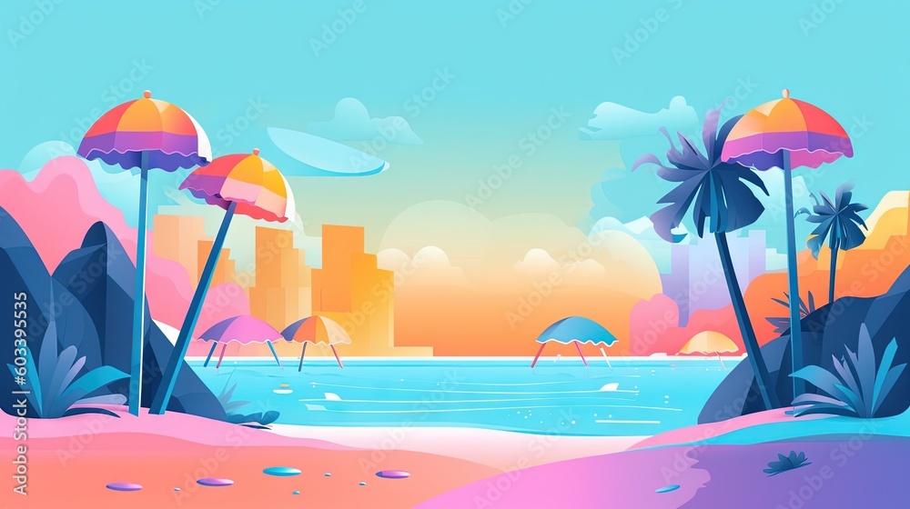  a beach scene with palm trees and a city in the background.  generative ai