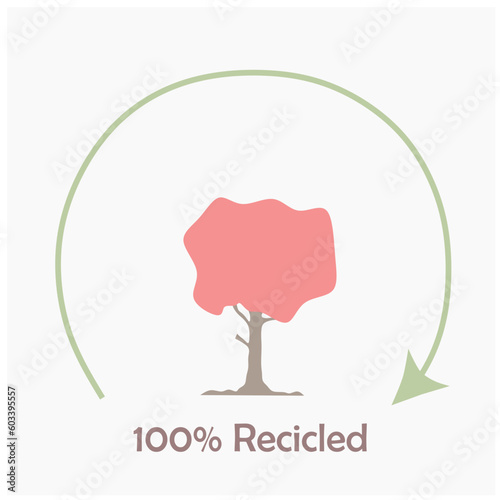 Original design of an environmental care logo. 100% recycling. Tree with soft colors. Arrow in a circular shape.