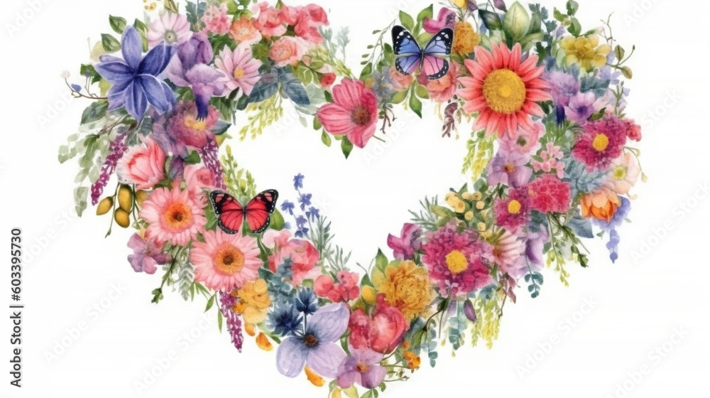 a heart shaped wreath with flowers and butterflies on it's sides. generative ai a heart shaped wreath with flowers and butterflies on it's sides. generative ai