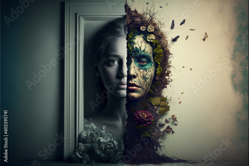 Dreamlike people, art of creative darkness, complex reality behind the picture, Generative AI