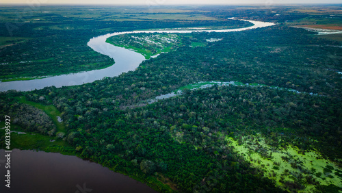 Aerial Drone Fly Above Pantanal Tropical Wetland Natural Region Flooded of Grasslands, Establishing Shot Brazilian Mato Grosso do Sul photo
