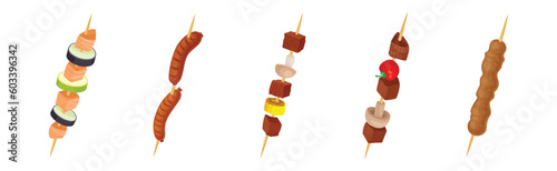 Shashlik with Wooden Skewers or Sticks with Barbecue Food Vector Set