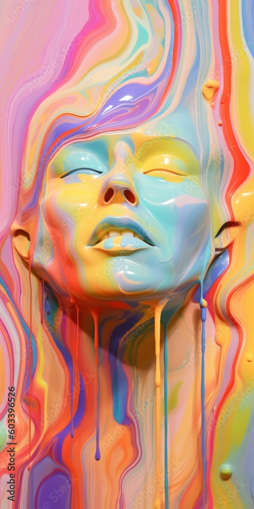 The shape of a person emerging from multicoloured paints. Created with Generative AI Technology
