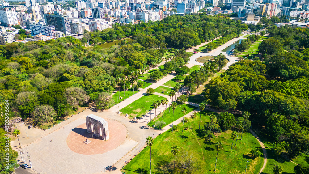 Aerial towards the Monument to the Expeditionary, Monumento ao Expedicionário, in Porto Alegre, Brazil