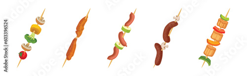 Shashlik with Wooden Skewers or Sticks with Barbecue Food Vector Set
