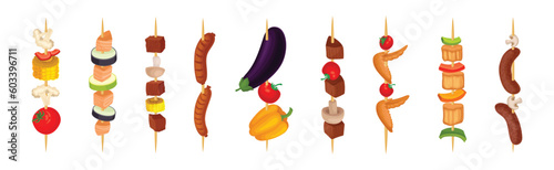 Shashlik with Wooden Skewers or Sticks with Barbecue Food Vector Set